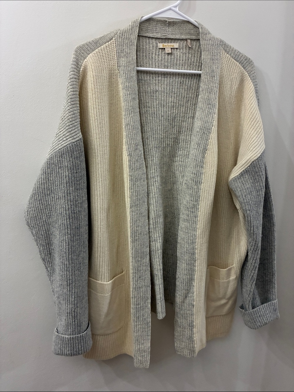 Barbour Cream and Gray Colorblock Open Cardigan Sweater - women’s medium- wool